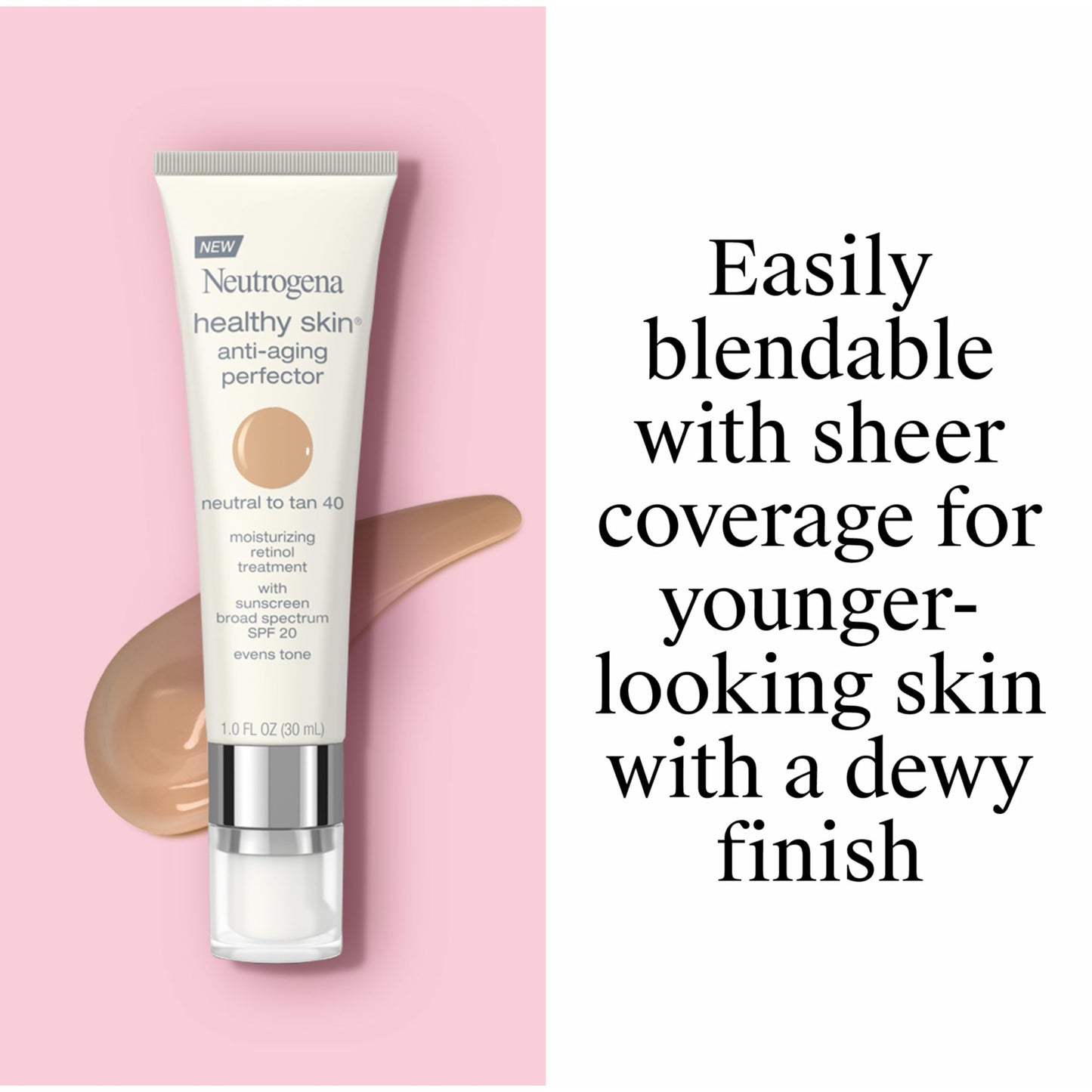 Neutrogena Healthy Skin Anti-Aging Perfector - with Retinol, Tinted Moisturizer with SPF 20 & Sheer Coverage that Smooths Skin Texture & Reduces the Look of Fine Lines, Natural to Tan (40), 1oz (30mL)