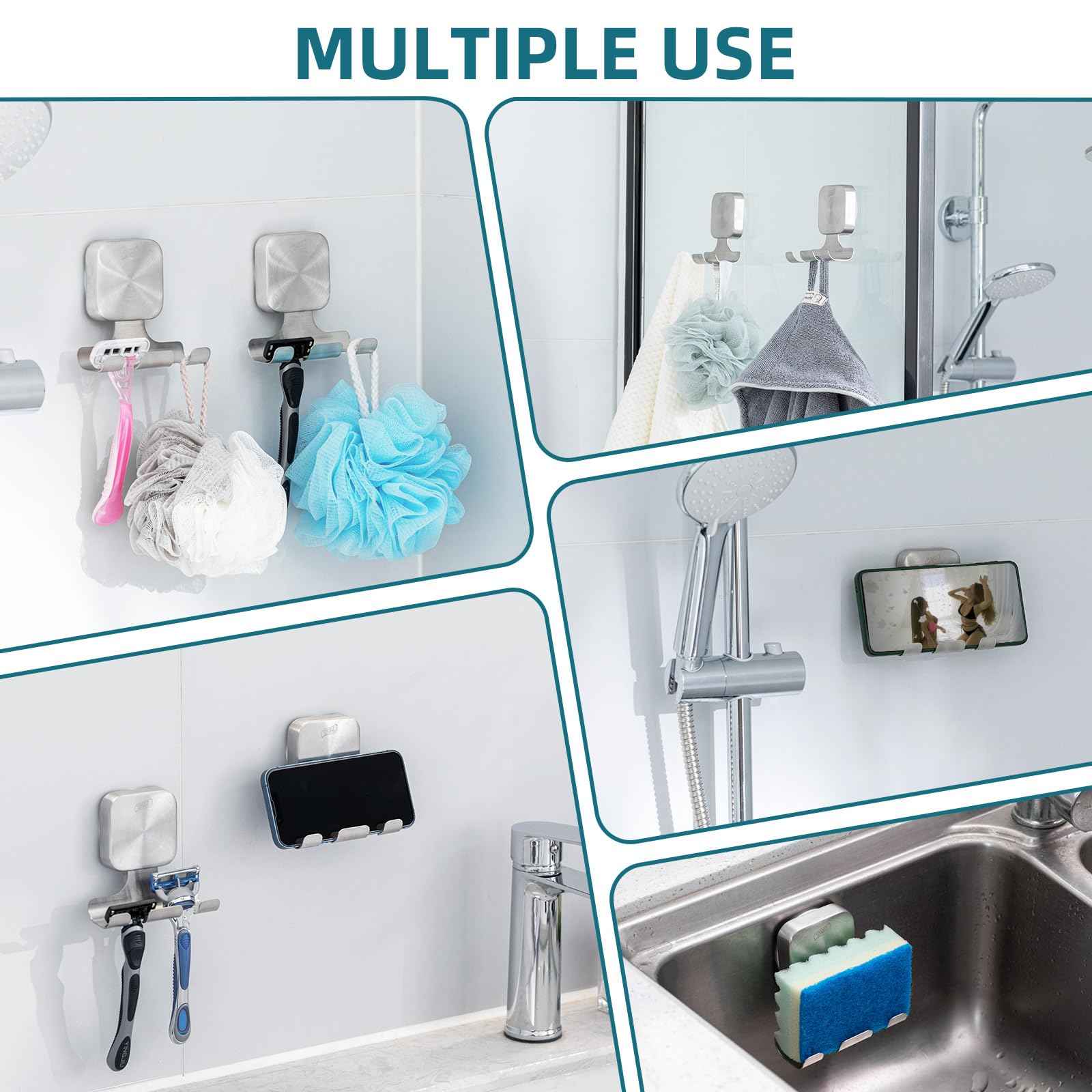 TAILI Powerful Suction Cup Razor Holder 2 Pack, Stylish 304 Stainless Steel Bathroom Suction Hooks for Towel, Loofah, Bathrobe, Shaver Holder for Shower Wall, Easy to Install and Reuse, Silver