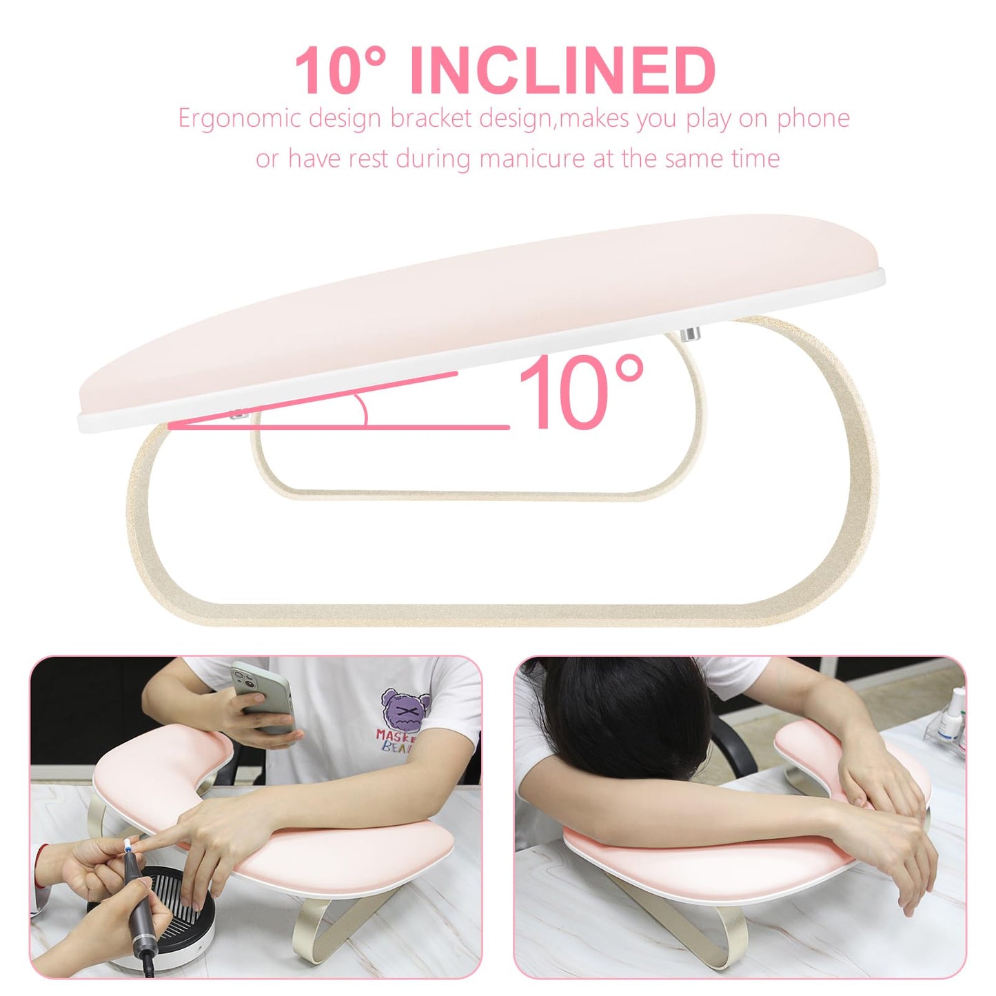 Manicure Arm Rest,U Shaped Nail Hand Rest Pillow with Gold Aluminum Bracket, Cleanable PU Leather Nail Arm Rest Stand for Nail Tech Salon Home Use (Pink)