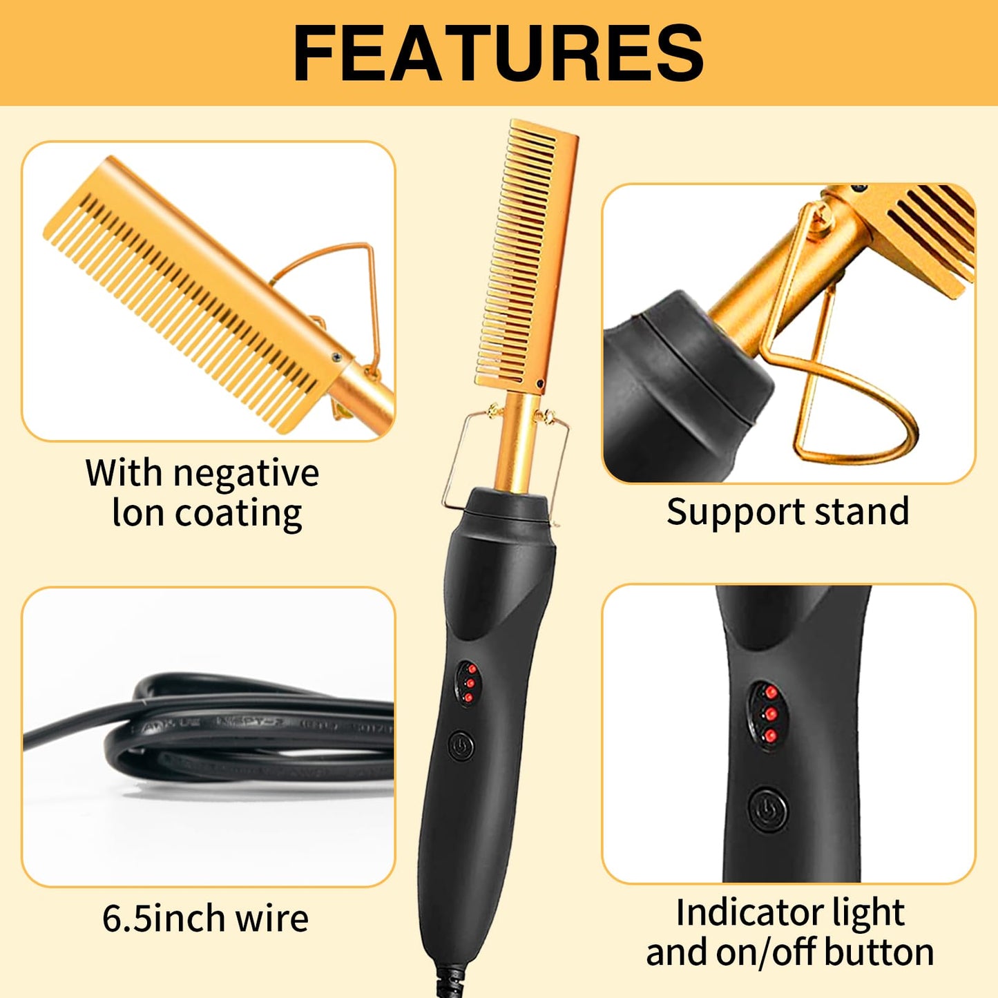 Hot Comb Hair Straightening Brush with Adjustable Settings, Fast Heating for Wigs and Black Hair, Professional Anti-Scald, Auto Shut-Off