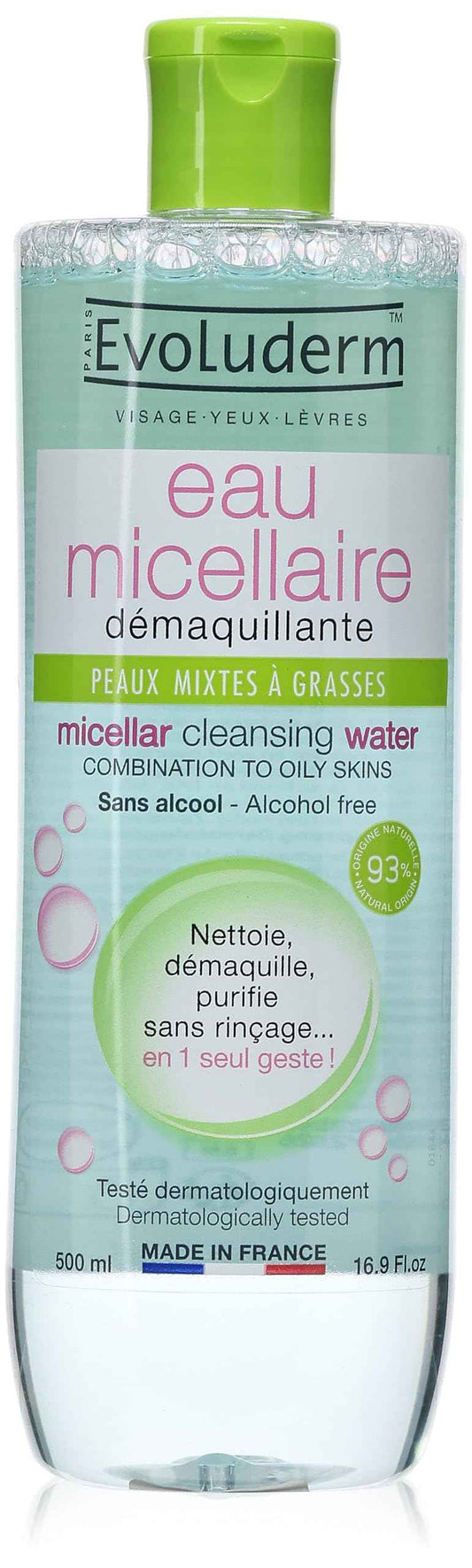 Evoluderm Micellar Water Facial Cleansing and Makeup Remover, For Combination To Oily Skin, Alcohol Free, Dermatologist Tested, 16.9 Ounces, Made In France