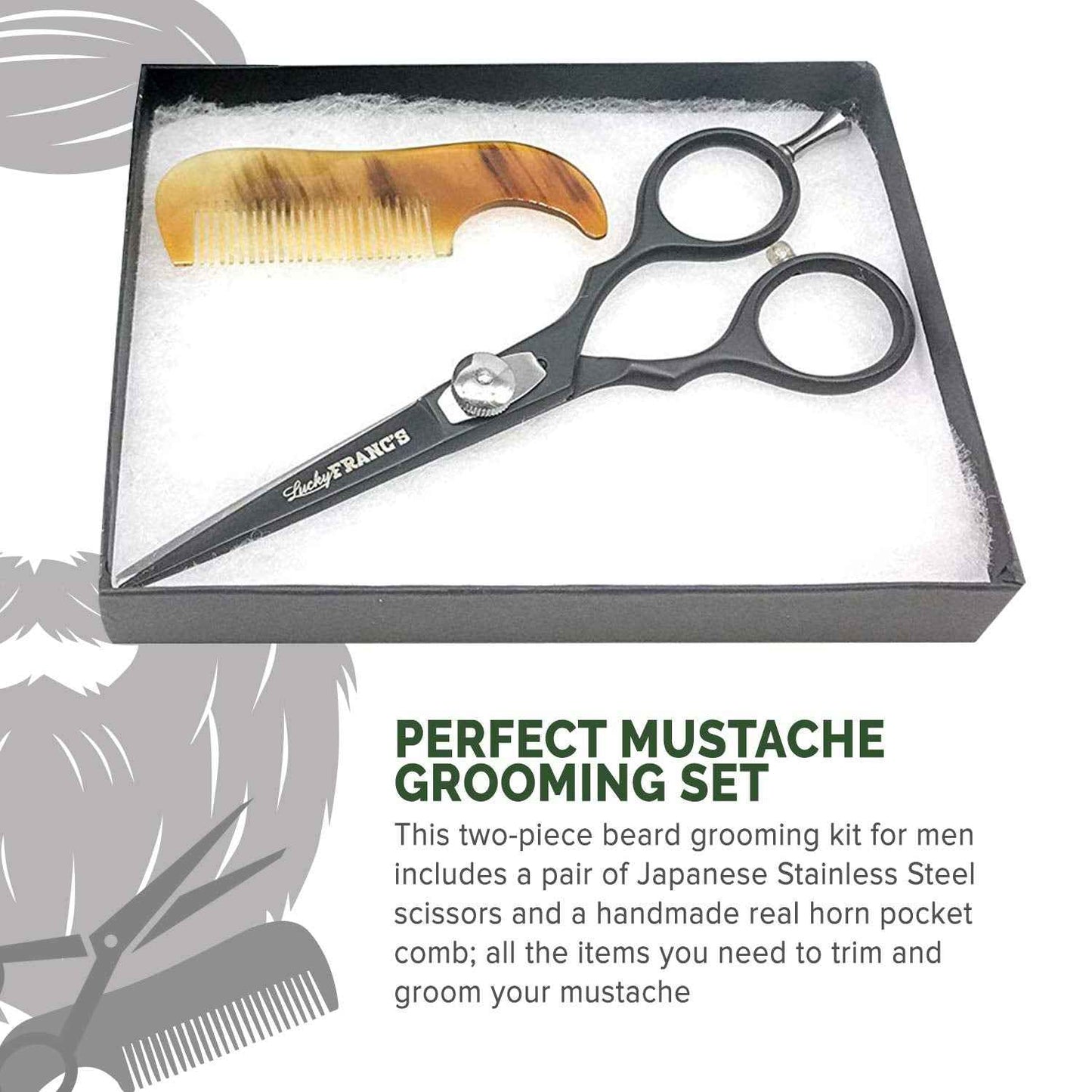 Lucky Franc's Beard Grooming Kit with Japanese Beard Scissors & Ox Horn Handmade Mini Beard Combs for Men. Mustache Trimming Kit with Mustache Hair Scissors and Comb for Men. Handmade Beard Care Kit