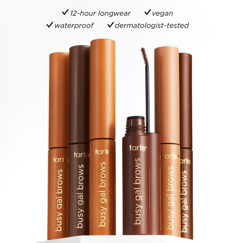 tarte busy gal tinted brow gel – 3-in-1 Waterproof Longwear Eyebrow Gel to Shape, Tint & Set Brows, Infused with Vitamin E, Vegan & Cruelty-Free, full size, med brown
