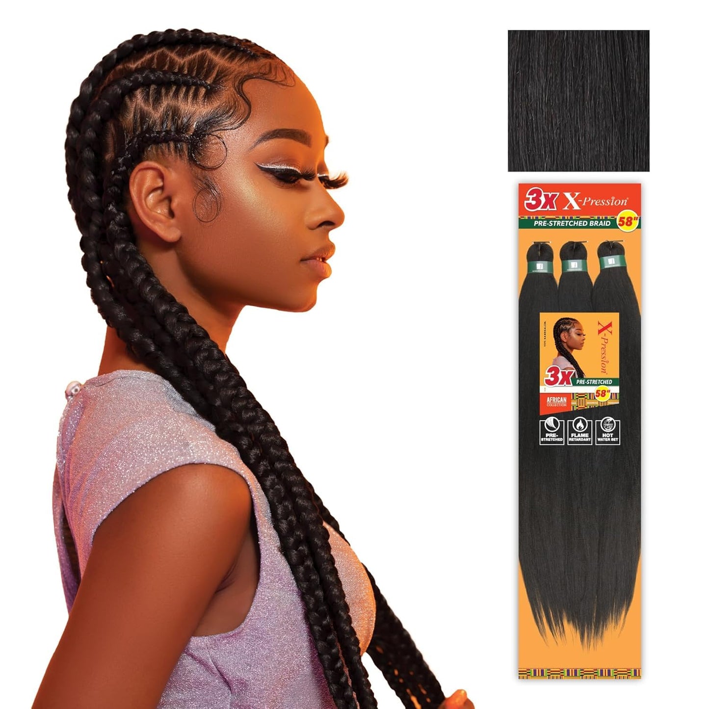 XPRESSION 3X Pre-Stretched Braids - 58 Inch Long, 5-Pack | Natural Black 1B