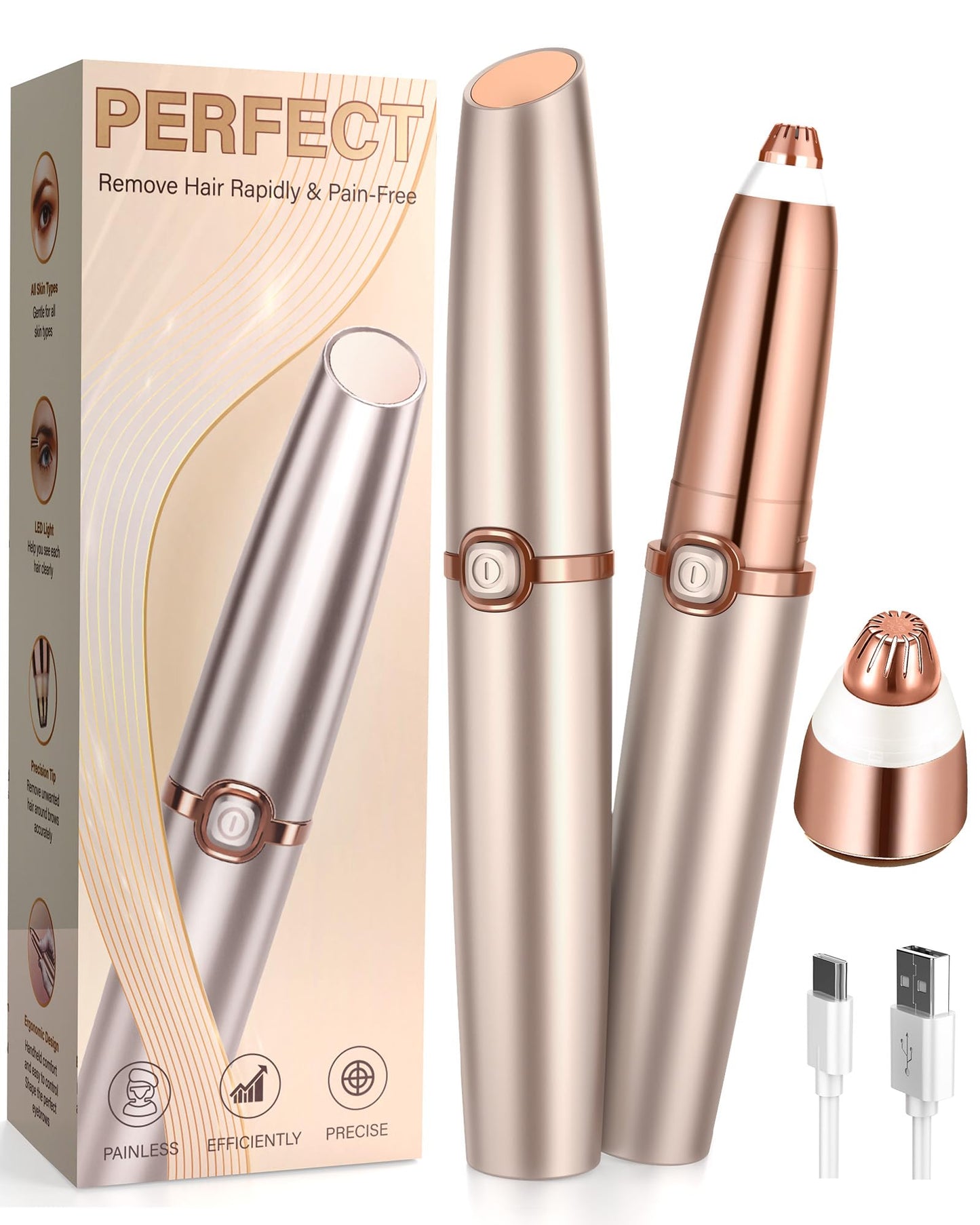 Eyebrow Trimmer for Women, Eyebrow Razor: Rechargeable Eyebrow Hair Remover with 2 Replacement Heads & LED Light, Electric Painless Eye Brow Shaver Facial Hair Removal Device for Eyebrows/Lips/Face