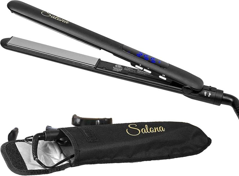 Titanium Coated Hair Straightening Iron - Professional Flat Iron & Curler with LCD Display | Black