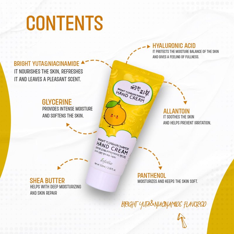 esfolio Yuja Vitamin C Hand Cream – Deep Hydration with Yuja Extract – Nourishing, Fast-Absorbing Hand Moisturizer for Dry, Rough Skin – Korean Skincare for Soft & Smooth Hands (3.38 OZ/100ML)