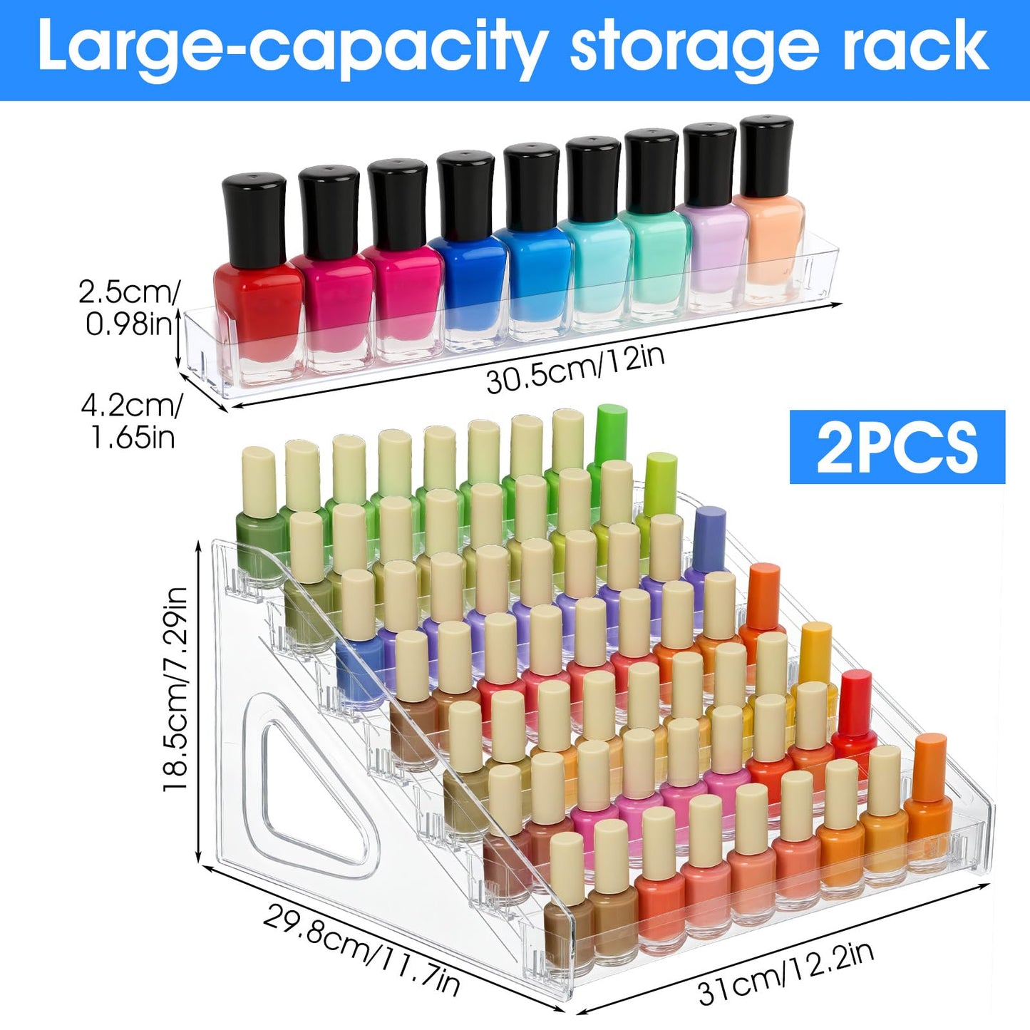 2 Pack Acrylic Nail Polish Organizer 84 Bottles of 7 Layers Acrylic Display Rack Clear Nail Polish Paint Organizer Holder Rack Eyeglasses Shelf Essential Oils Holder Stand No Tool Needed Assembly