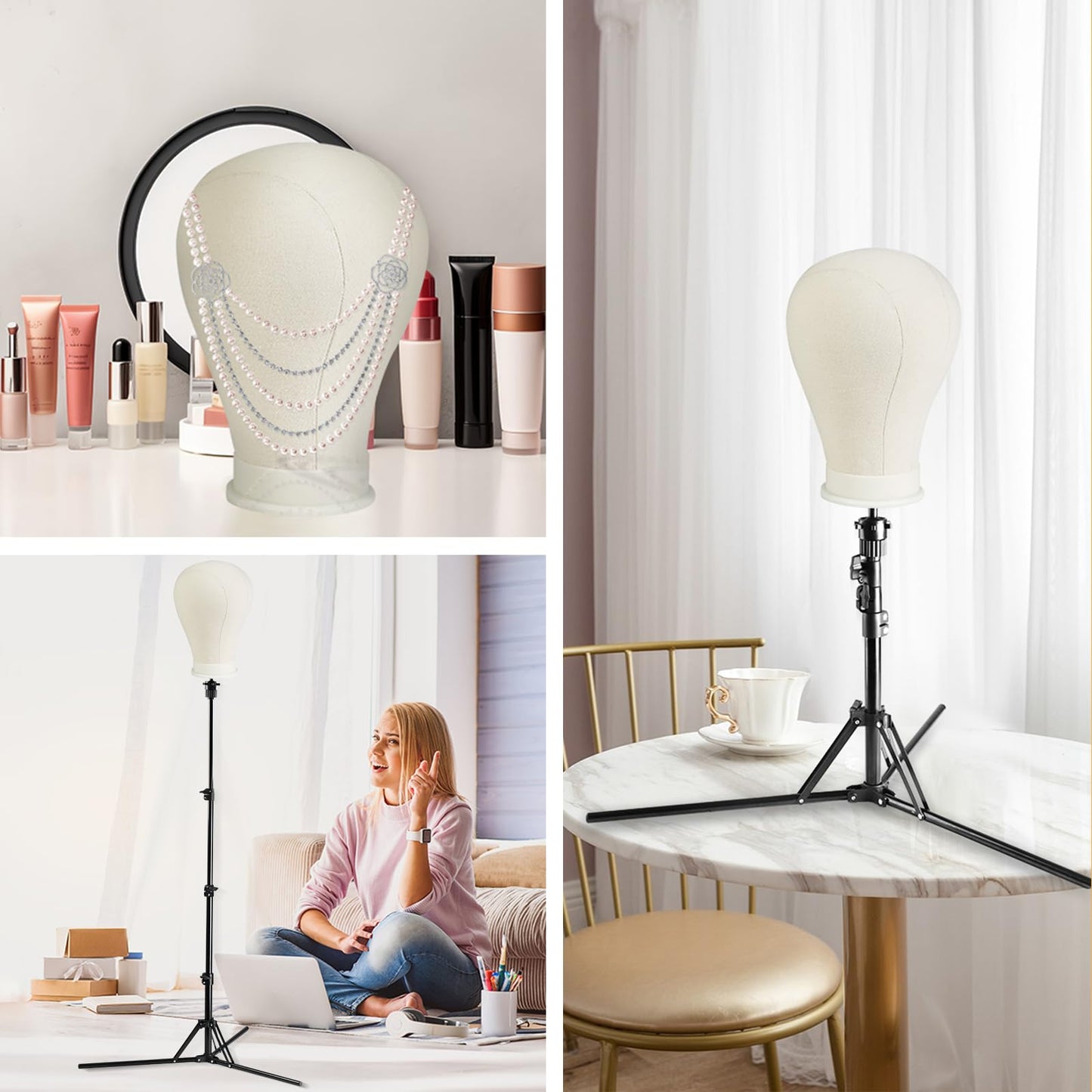23In Wig Stand Wig Head with Tripod, Wig Head Stand Mannequin Head(White)