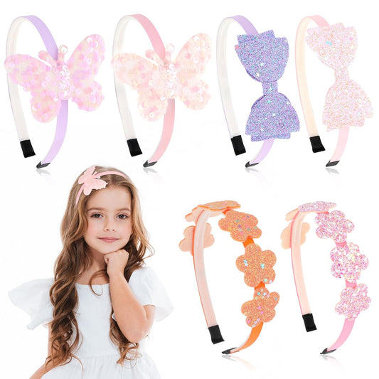 6 Pack Girls Headbands with Bow, Colorful Glitter Kids Headbands for Little Girls with Plastic Sparkly Bow Butterfly Floral Toddlers Hair Accessories
