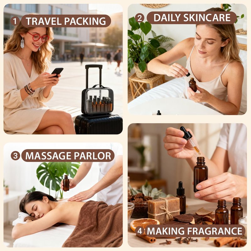 29 Pack TSA Approved Glass Travel Skincare Containers,Toiletry Bag，1.7/1/0.7/0.5/0.3oz Refillable Traveling Size Containers with Pump, Jars & Essential Oil Bottle , Leak-Proof for Creams & Liquids