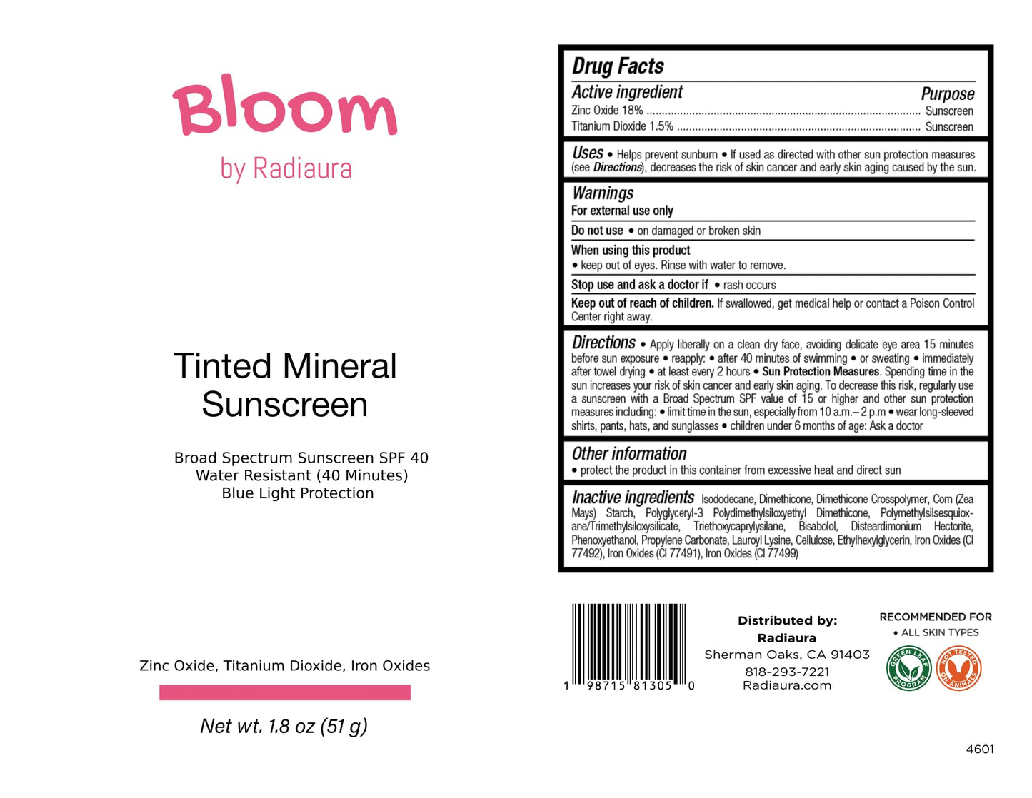 Bloom by Radiaura Tinted Mineral Sunscreen, SPF 40, Water Resistant, Blue Light Protection, 1.8 oz