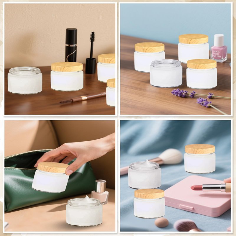 LECEHIVO 25 Pcs Glass Jars with Plastic Woodgrain Lids and Inner Liners 2 oz Clear Cosmetic Containers Empty Round Small Containers for Making Creams Lotions Powder Ointments Candle