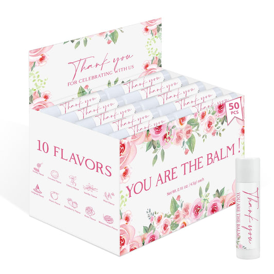 ElasignShopo 50 Pack Moisturizing Lip Balms in Bulk Pink Floral Flower Wedding Gifts Reception Ideas It's a Girl Baby Shower Party Favors Thank You For Celebrating With Us Return Gift You Are The Balm