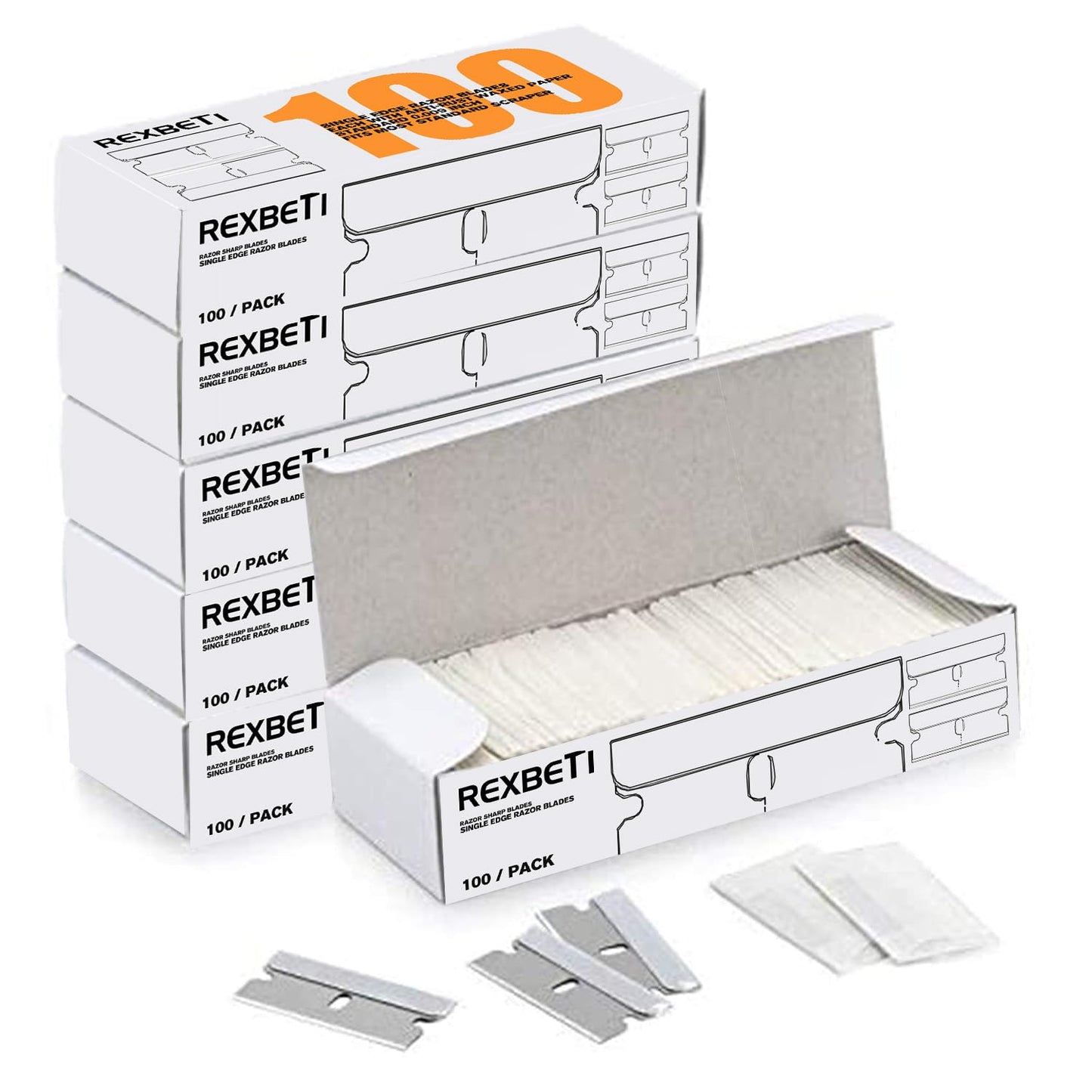 REXBETI 600PCS Single Edge Razor Blades, Industrial Razor Blades, Box Cutter Replacement Blades, Glass Scraper Blades