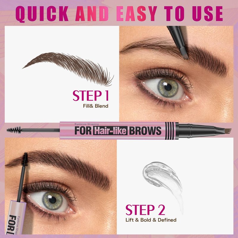 YuLinLon 2-in-1 Eyebrow Pen and Gel, 4-Tip Head Ultra-Precise, Hair-Like Strokes, 5 Natural Shades, Waterproof Brow Shaping Kit (03# DARK BROWN)