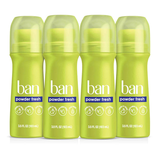 Ban Invisible Roll-on Antiperspirant Deodorant for Women and Men, 24-hour Underarm Odor & Sweat Protection, Powder Fresh, 3.5 Oz, Pack of 4