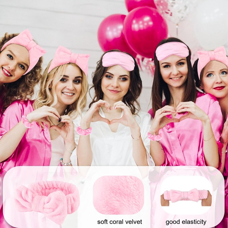 WHAVEL 18 Pcs Sleepover Party Supplies for Girls - Pink Party Favors Include 6 Spa Headband, 6 Silk Eye Mask and 6 Velvet Scrunchies for Spa Birthday, Bachelorette, Slumber (Pink)