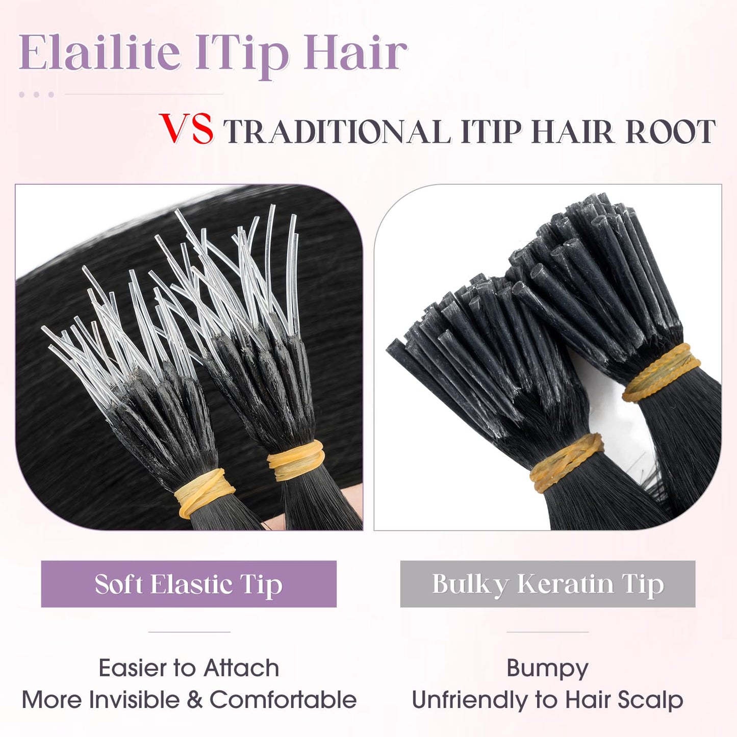 Elailite I Tip Hair Extensions Human Hair Elastic Itip Real Remy Hair Jet Black 22 Inch 50G 50Strands Straight Pre Bonded Keratin Fusion Human Hair Extensions