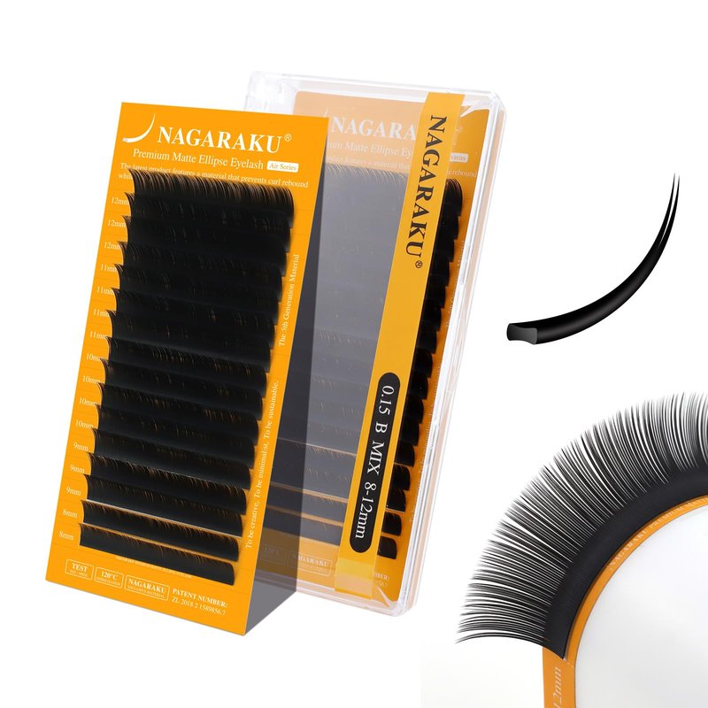 NAGARAKU Double Tips Ellipse Eyelash Extensions Lighter Thinner Split Tips Flat False Lashes 5 Trays in 1 Pack 0.20 C curl 11/12/13/14/15mm Soft Faux Mink Individual False Lash 16 Rows