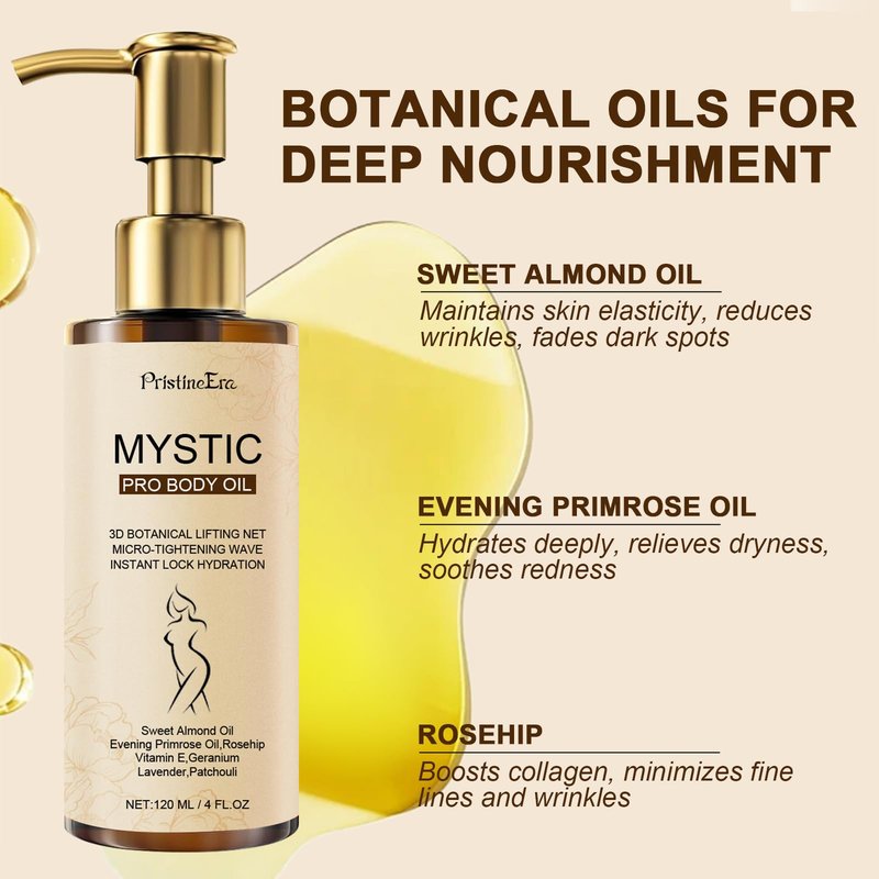 PristineEra Mystic Silk Body Firming Oil, Hydrating Body Oil for Women, Plumps Tightens & Firms Skin, Natural Cold‑Pressed Oil Blend for Dry & Crepey Skin, Luxury After Shower Skin Care, 4.23 fl oz