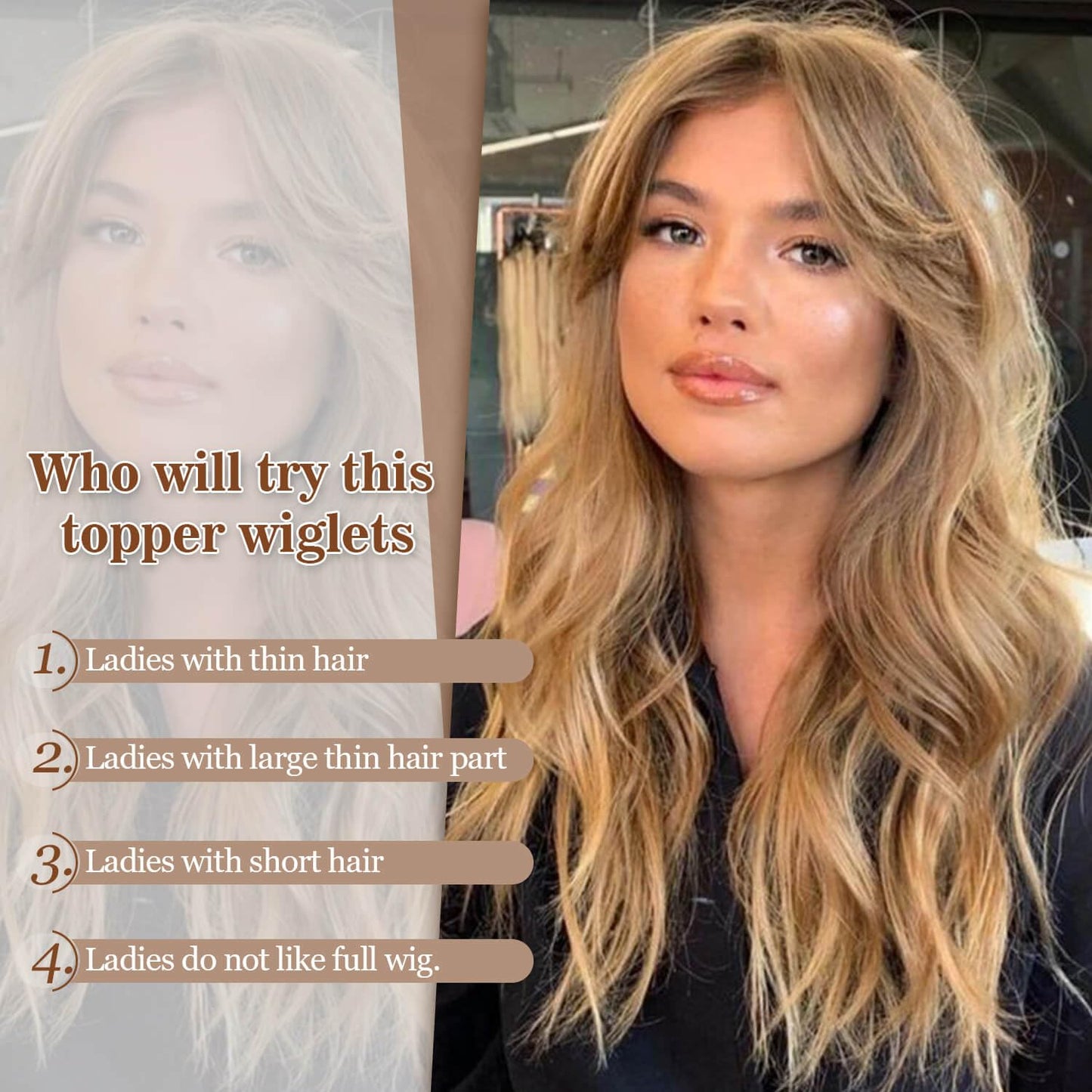 MORICHY Hair Topper for Women with Thinning Hair 20inch Long Wavy HairToppers with Bangs 6.5"x6.5" Large Base Synthetic Wiglets Ombre Dark Blonde