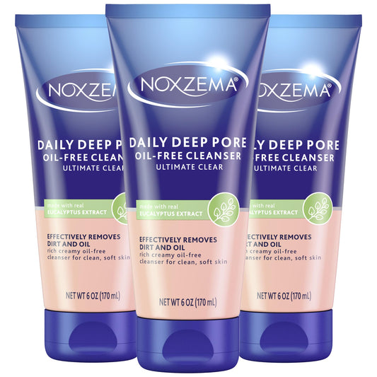 Noxzema Daily Face Wash, Oil-Free Deep Pore Cleanser 3-Pack – Ultimate Clear Skin Care, Oil, Dirt & Makeup Remover, 6 Oz Ea