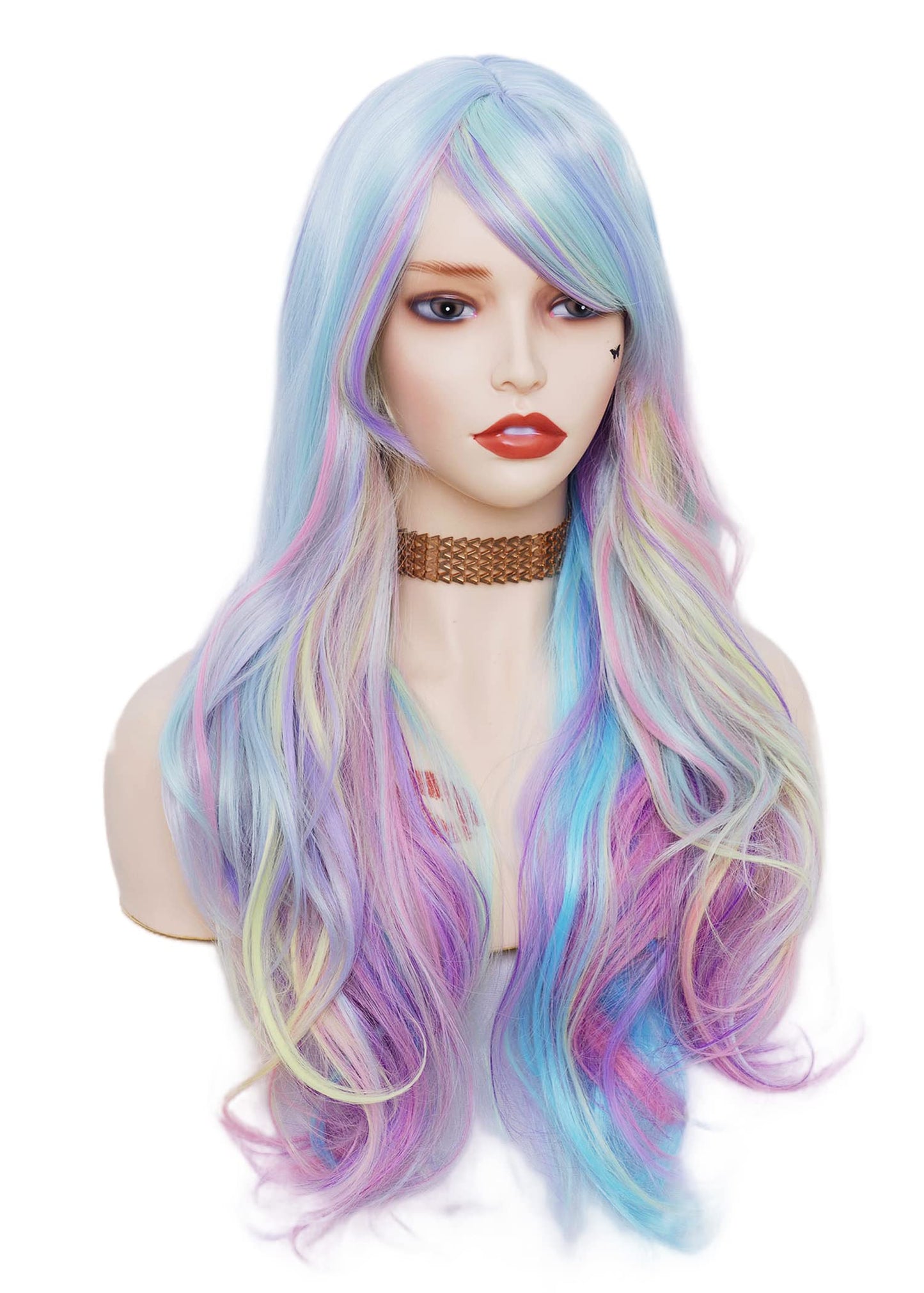 Rugelyss Rainbow Colorful Wigs for Women 26 Inches Long Wavy Fashion Synthetic Full Head Hair Wig with Bangs for Cosplay or Party