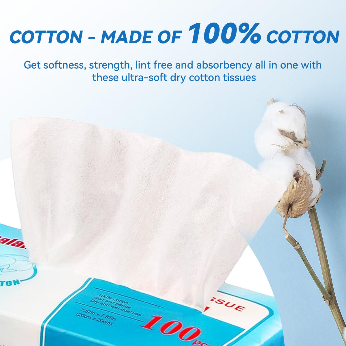Elevon Ultra-Gentle 100% Natural Cotton Facial Tissue - Unscented Multi-Purpose Dry Cotton Tissue for Sensitive Skin, Makeup Removal & Baby Care, (Pack of 18)