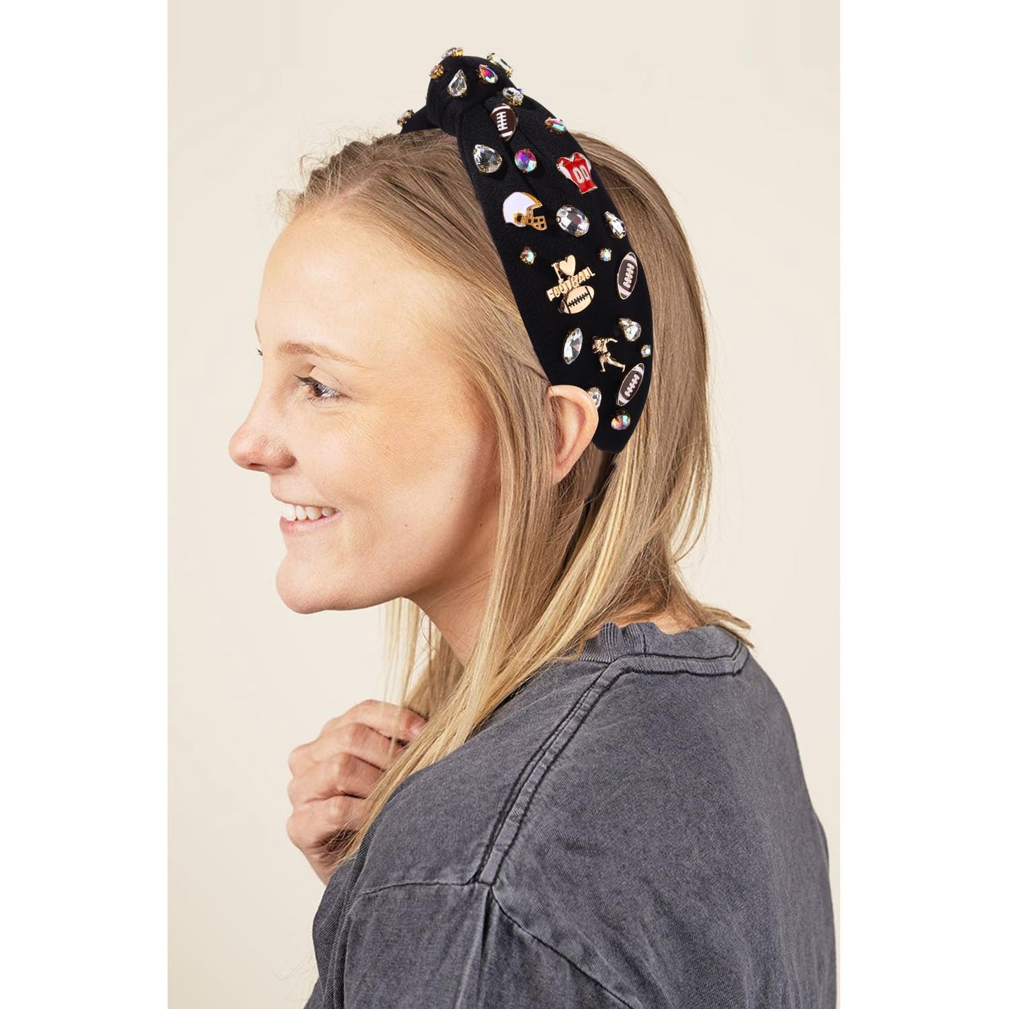 mokkia Football Headband for Women Football Mom Accessories Crystal Rhinestone Jeweled Wide Top Knot Headband Game Day Sports Hair Accessories Gift (Black)