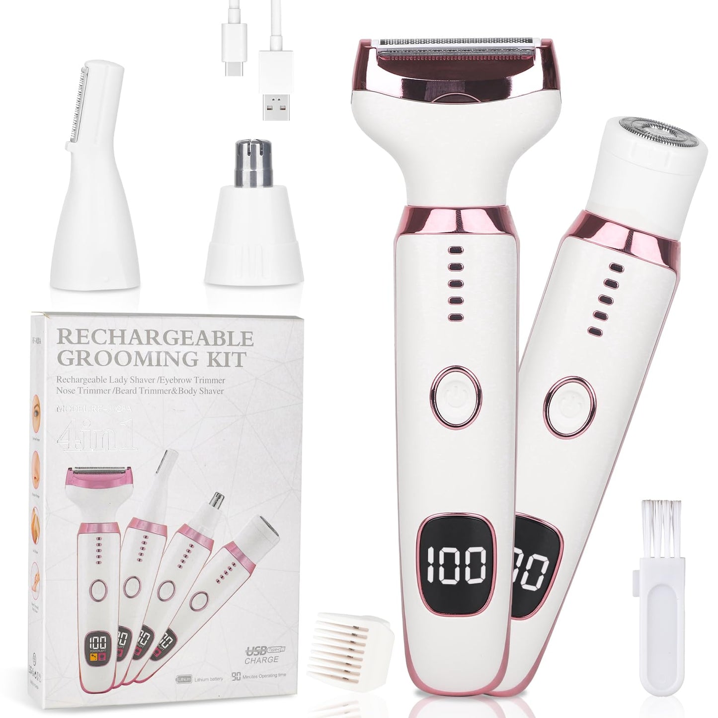 Beanify Electric Razor for Women Men with LED Display,4 in 1 Ladies Wet & Dry Body Razors and Facial Hair Remover, Rechargeable Hair Removal Kit for Nose Face Body Leg Bikini Arm Hair (Beige)