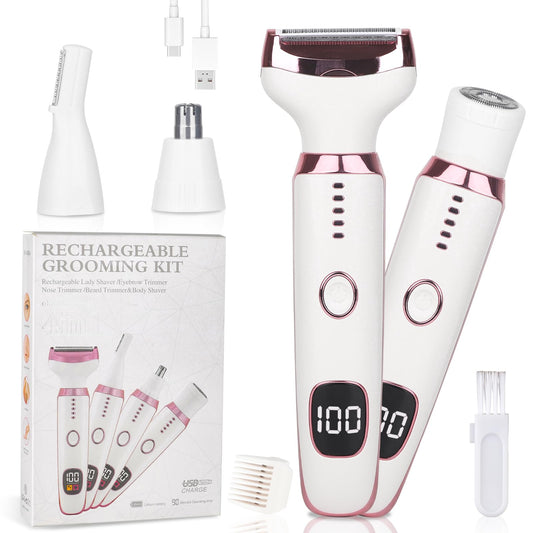 Beanify Electric Razor for Women Men with LED Display,4 in 1 Ladies Wet & Dry Body Razors and Facial Hair Remover, Rechargeable Hair Removal Kit for Nose Face Body Leg Bikini Arm Hair (Beige)