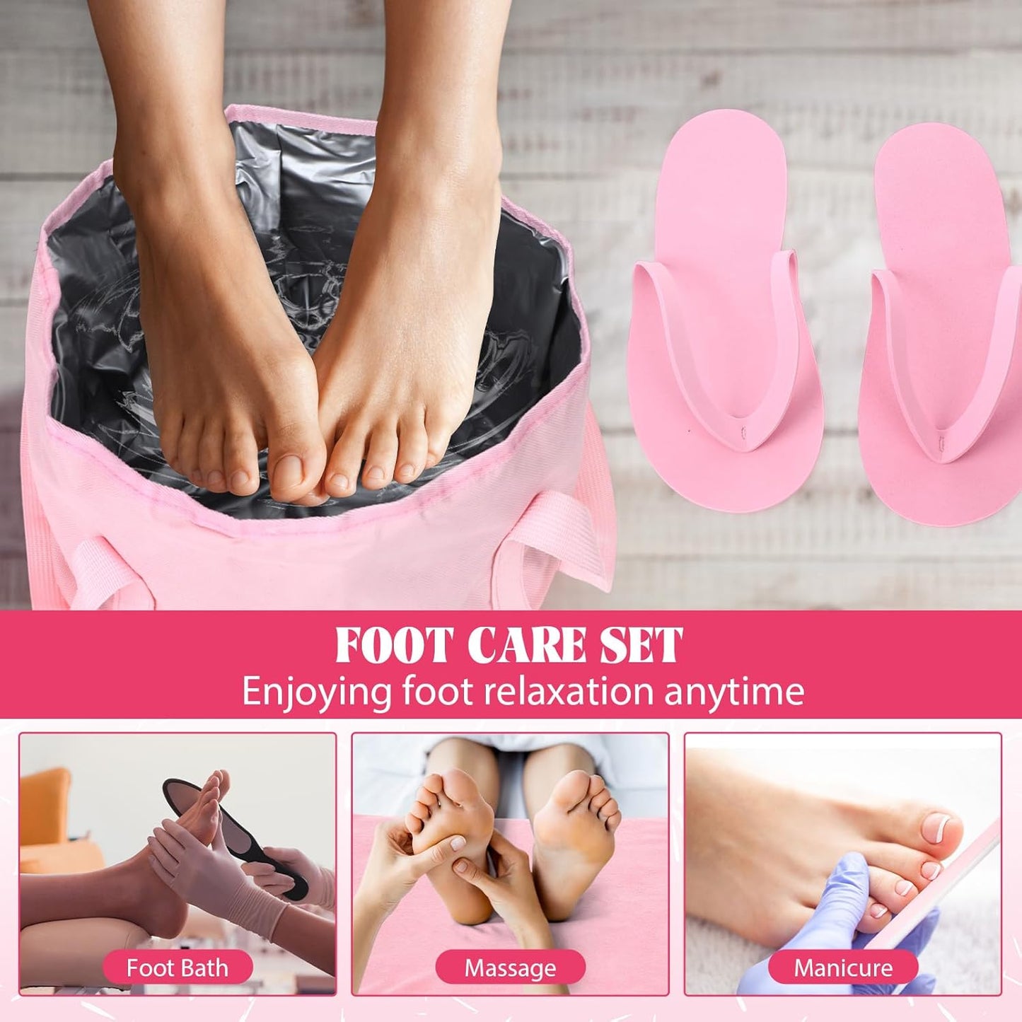 FillTouch Pink Foldable Foot Bath Kit - 15L Soaking Tub, Collapsible Towels & Slippers for Spa Parties | Portable Pedicure Set