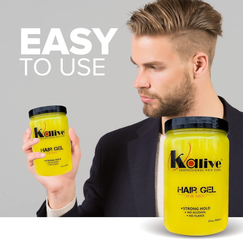 KALIVE Men's Hair Styling Gel - Strong Hold & Light Shine | 32 oz, Fresh Scent, No Flaking