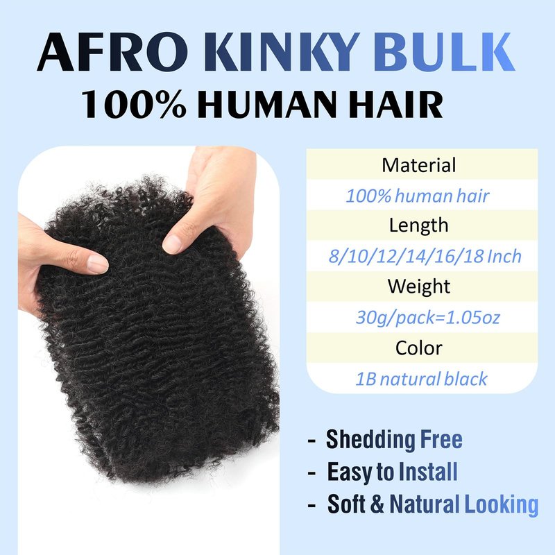 afro kinkys bulk human hair 8-28 inch afro kinky bulk 100% human hair for dreadlock extensions repair loc making twists (1 B, 20 Inch)