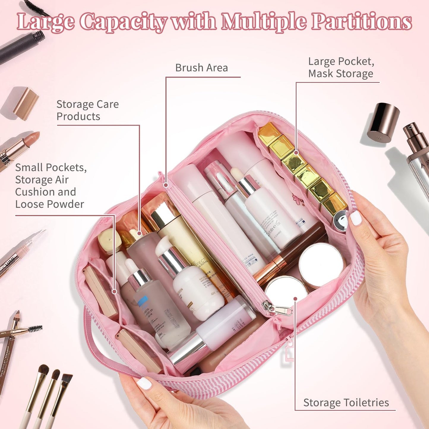 2026 Graduation Gifts - Travel Makeup Bag for Women, 2Pcs Portable Personalized Initial Makeup Organizer Bag, Open Flat Large Cosmetic Bag With Travel Essential Pouch (Pink Letter R)