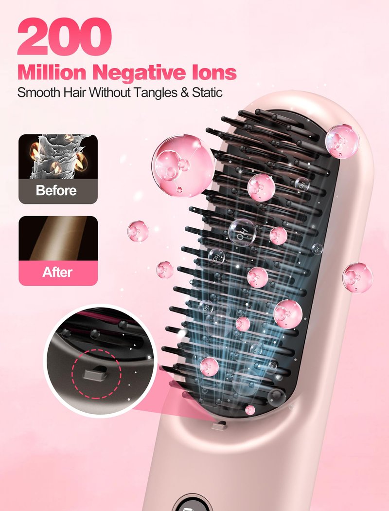 Portable Cordless Hair Straightener Brush for Travel,Mini Hair Straightener Comb with Negative Ion,Hair Straightener Brush Hot Comb for Women, Rechargeable 9600mAh Battery,12 Temp-Setting,Pink