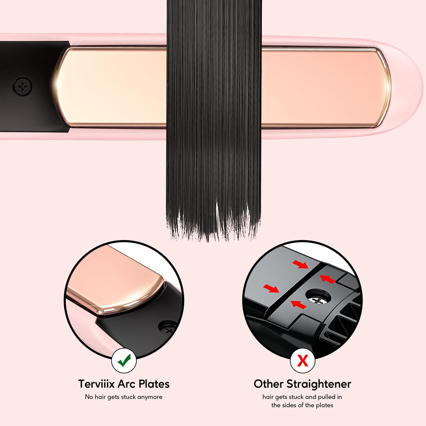 Terviiix Titanium Flat Iron Hair Straightener and Curler 2 in 1, ARC Non-Snagging Straightening Iron for One Swipe, 15s Ultra Fast Heating, 100-240V Dual Voltage, Auto Off, 1 inch Pink