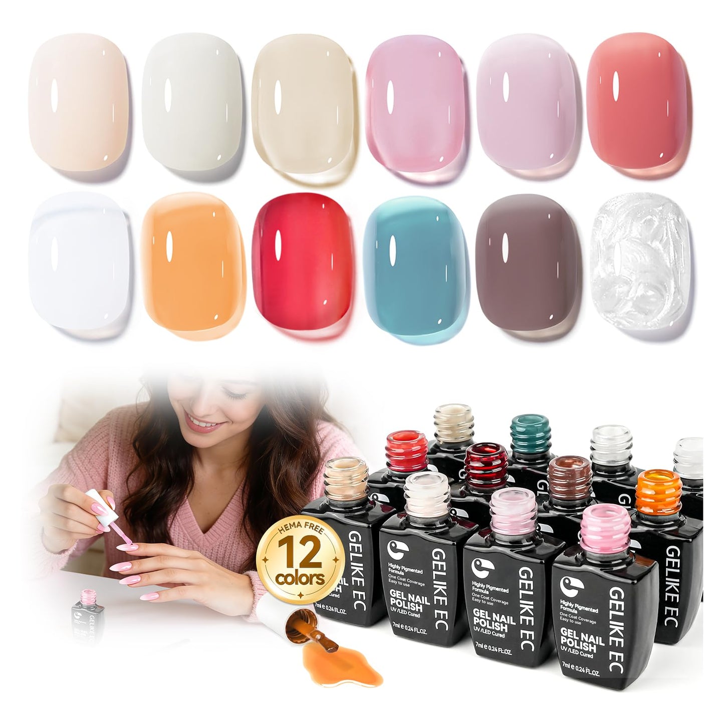 gelike ec Jelly Gel Nail Polish: 12 Colors Nail Gel Polish Set– HEMA Free Easy to Use & Quick Soak Off On Natural or Acrylic Nails – for Beginners & Young Women DIY Manicure Art at Home