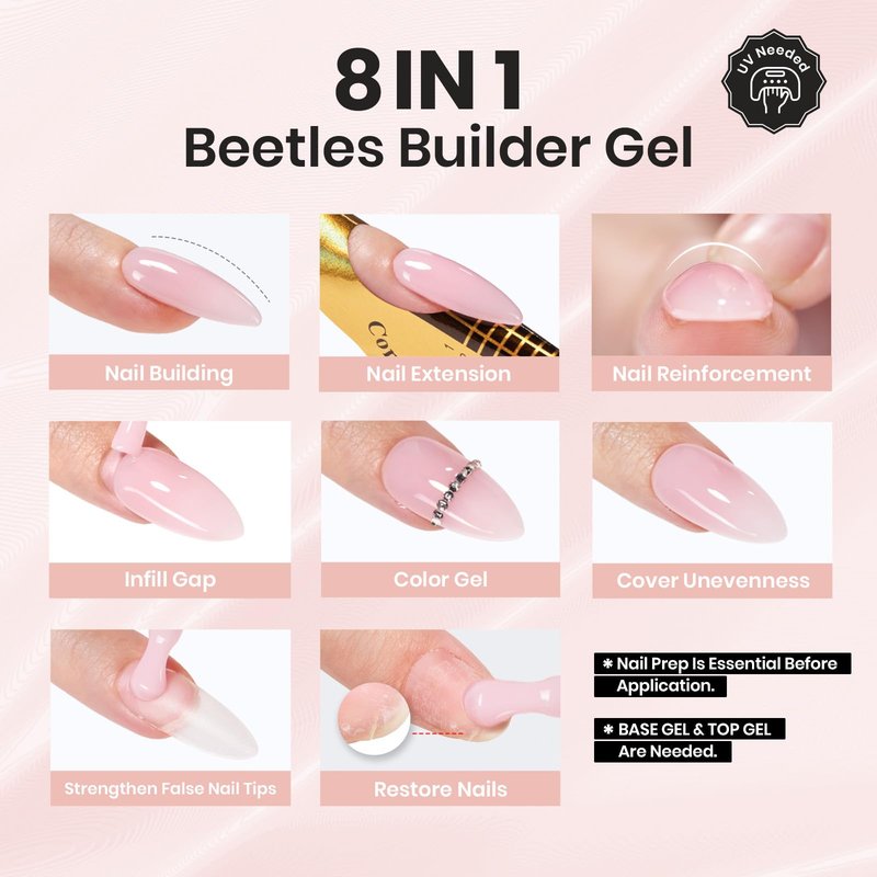 Beetles Builder Gel Set HEMA Free-Whispered Petals 4 Colors 8 in 1 Thickening Strengthening Building Instant Apex with Base&Top Coat Gel for Beginner DIY Salon at Home, UV & LED Nude