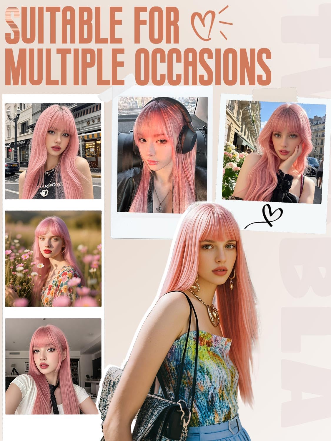 Twobla 26 Inch Pink Wig with Bangs | Long Pink Layered Wig for Women | Realistic Scalp, Freestyle Parting | Heat Resistant, Wear & Go, No Glue Needed | Straight Synthetic Wigs for Cosplay & Daily Use
