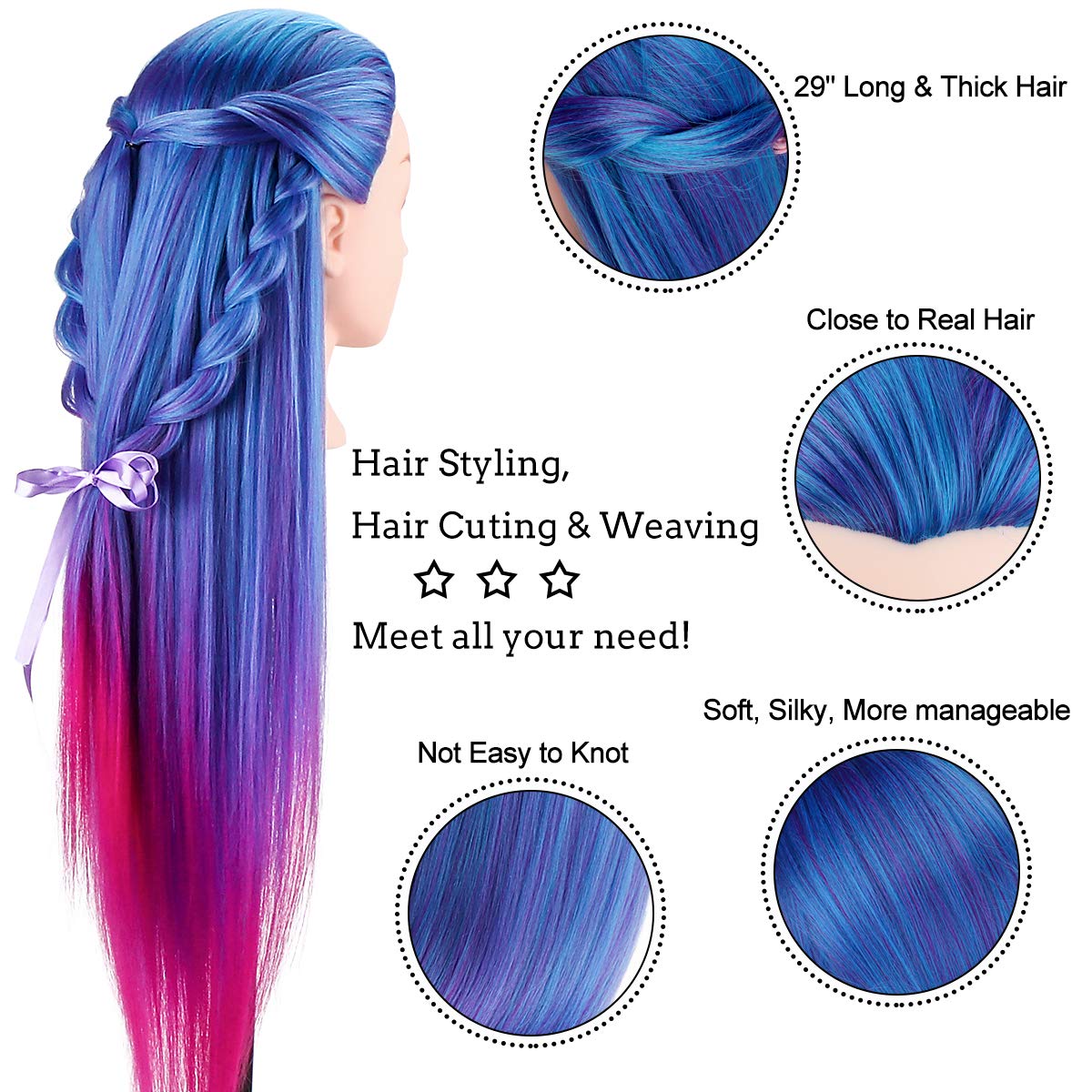 Mannequin Head with Hair, TopDirect 29" 100% Synthetic Fiber Training Head Manikin Cosmetology Hair Doll Head Styling Hairdressing Training Braiding Practice Heads with Clamp Holder and Tools