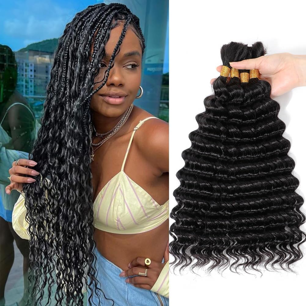 20 Inch Human Braiding Hair for Boho Braids 2 Bundle 100g Deep Wave Bulk Human Hair for Braiding No Weft 12A Brazilian Virgin Curly Human Hair Extensions for Boho Braids
