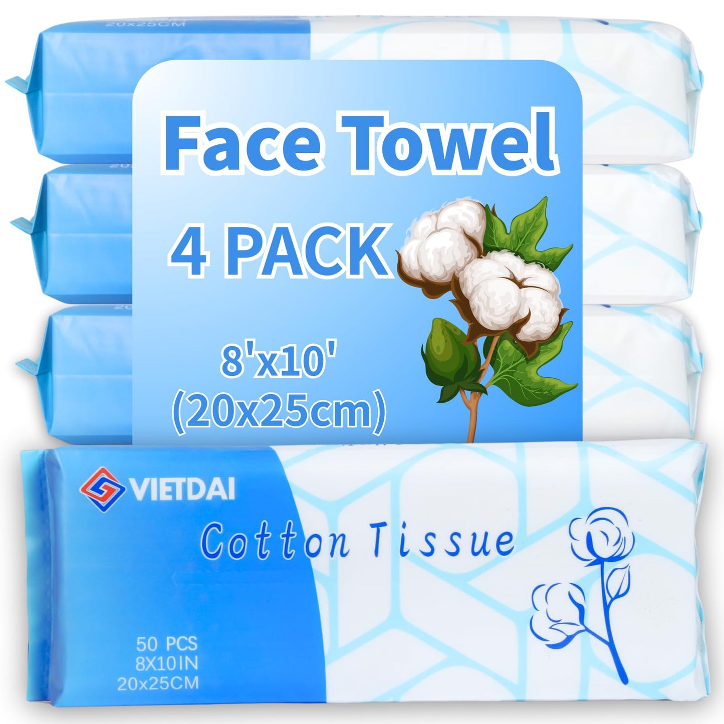 Face Towelettes Disposable 8" x 10" VIETDAI Ultra Soft Disposable Face Towels XL for Sensitive Skin, Clean Facial Towels Wet and Dry Use for Women Cleaning and Skincare -200 Count