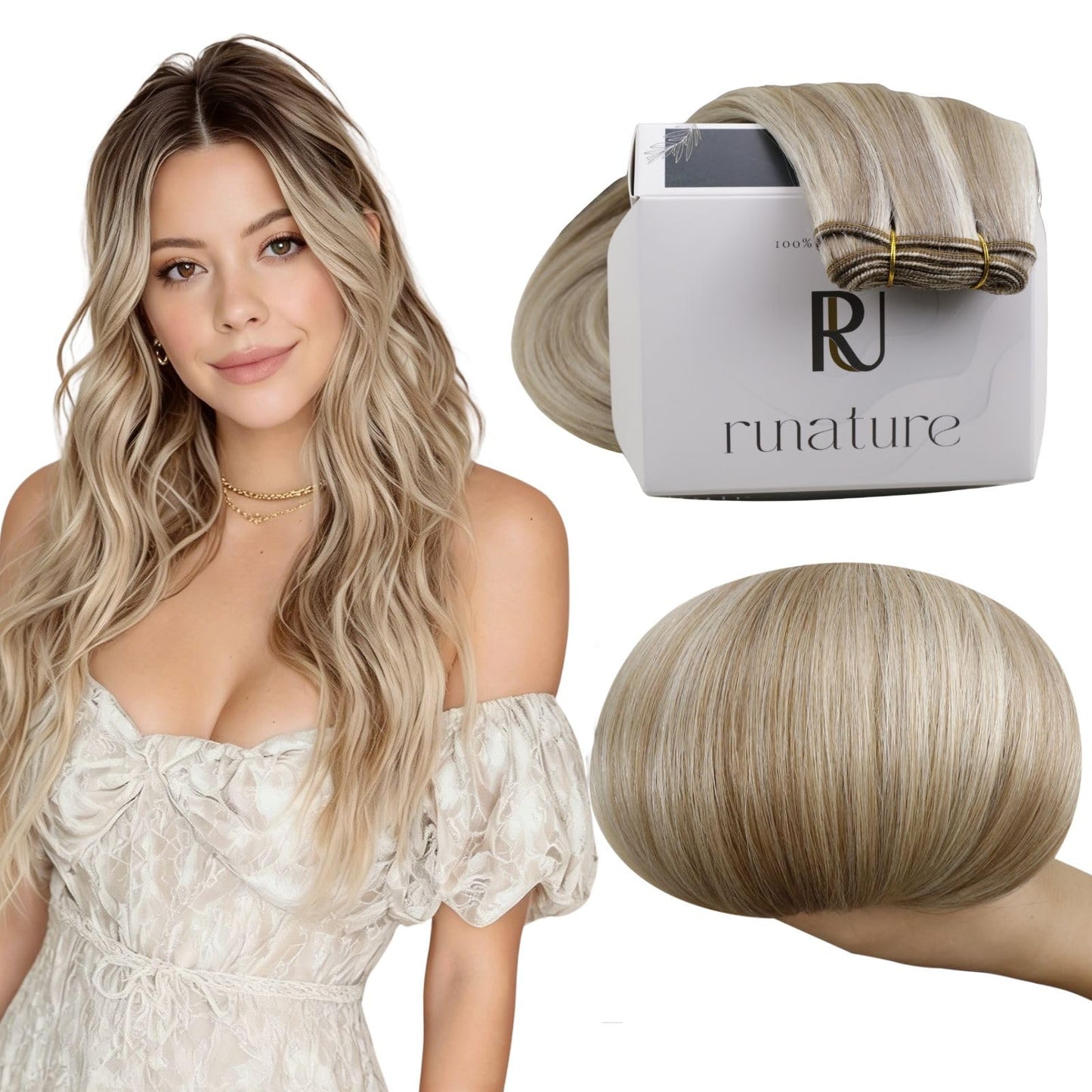 RUNATURE Brown With Blonde Sew In Hair Extensions Human Hair 12 Inch 70G