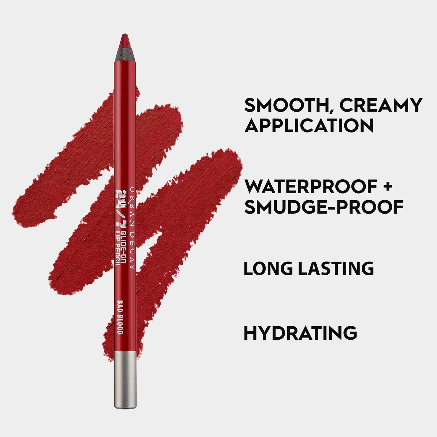 URBAN DECAY 24/7 Glide-On Waterproof Lip Pencil (Bad Blood - Deep Red), Smudge-Proof, Longwearing Lip Liner, Smooth & Creamy Colors, Moisturizing Formula with Vitamin E - 0.04 oz