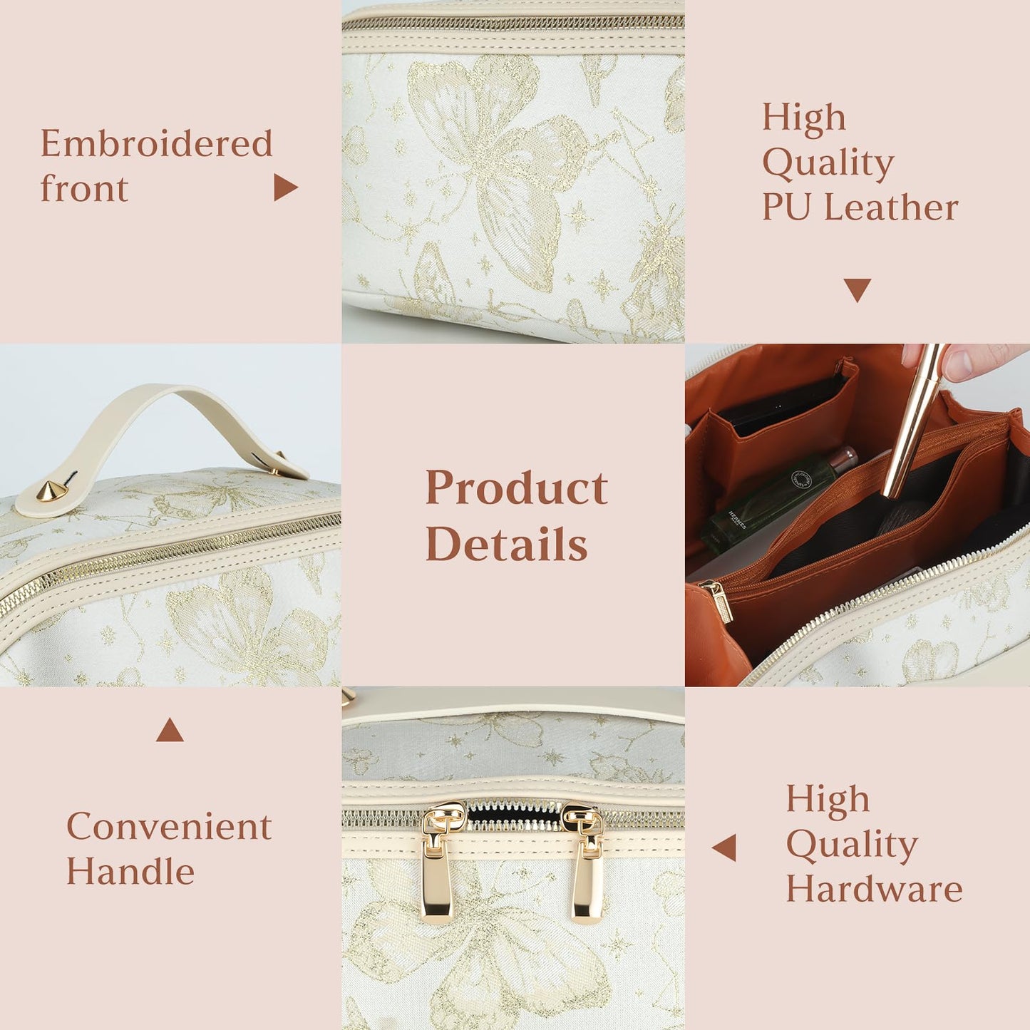 KEYPOWER Large Capacity Cosmetic Bag with Butterfly Pattern Travel Makeup Bag Portable Toiletry Bag with Handle for Women (White)