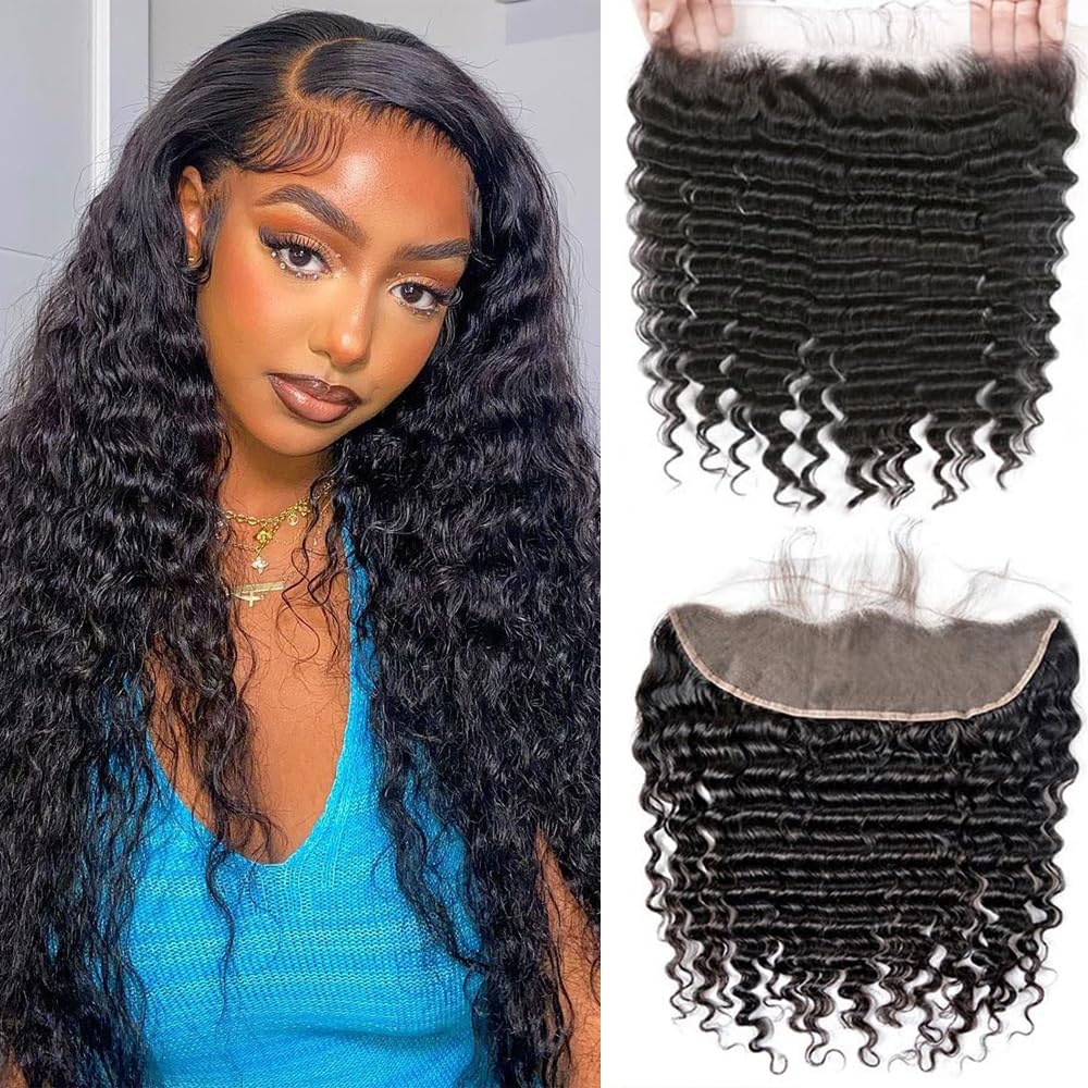 Lace Frontal Deep Wave 14 Inch | 150% Density Unprocessed Brazilian Human Hair with Baby Hair for Black Women