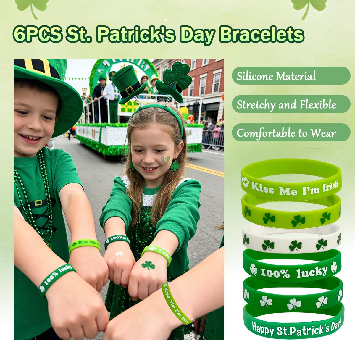 19PCS St. Patrick's Day Accessories Set, Green Face & Body Glitter, Green Glasses, Irish Bracelets, Round Bead Necklaces, Party Favors for Women and Family