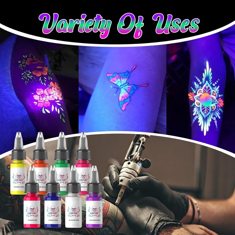UV Tattoo Ink Set - 15ml Professional Fluorescent Glow in The Dark Ink | 8 Vibrant Colors
